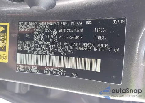 2019 Toyota Highlander Xle z USA, uszkodzony, nr VIN 5TDKZRFHXKS316330